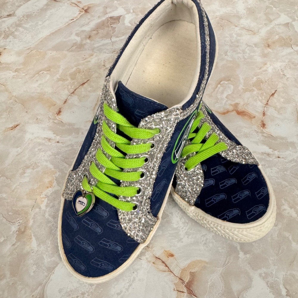 NFL Seattle Seahawks Sneakers Women 8.5 Blue Glitter Lace Up Fan Gear